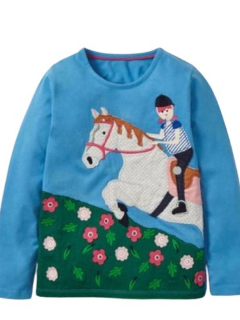Mini Boden Horse Girl Applique Long Sleeve Top in Light Blue